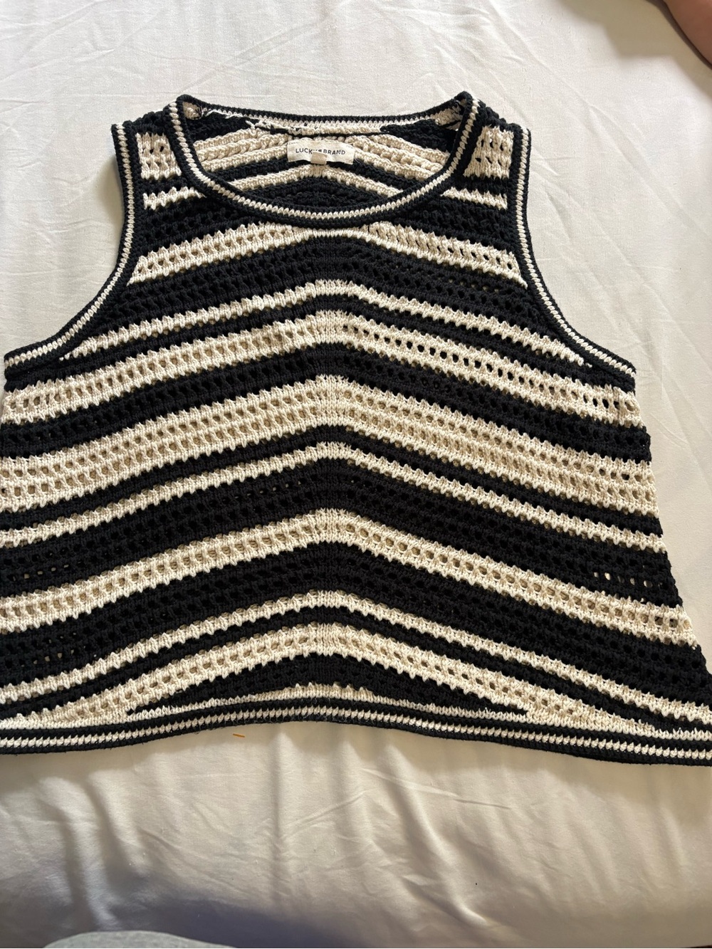 Lucky Brand Black & Cream Striped Crochet Tank Top